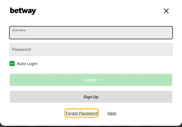 Lenken Forgot Password i innloggingsvinduet hos Betway