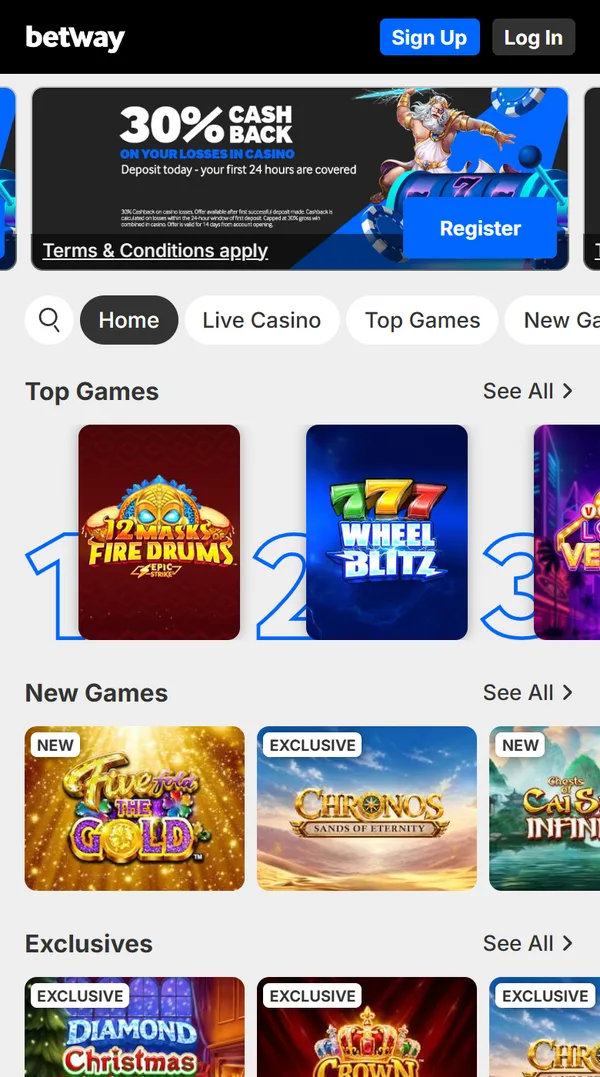 Casinoforsiden hos Betway på mobil