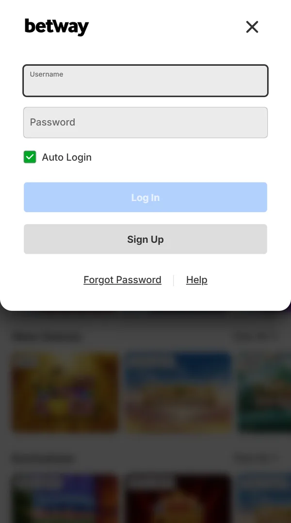 Innloggingen hos Betway på mobil med Username og Password