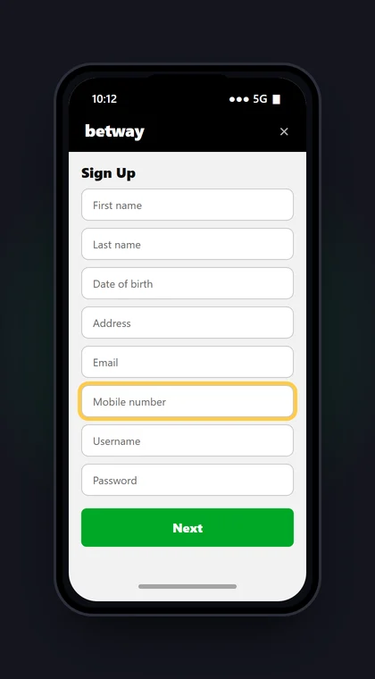 Illustrasjon av en mobil med registreringsskjemaet hos Betway: navn, fødselsdato, adresse, e-post, mobilnummer, brukernavn og passord