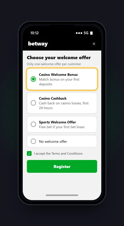 Illustrasjon av en mobil der du velger velkomsttilbud hos Betway: casinobonus, cashback eller sportstilbud