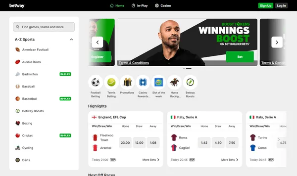 Sportsboken hos Betway med idrettene til venstre og odds på kamper