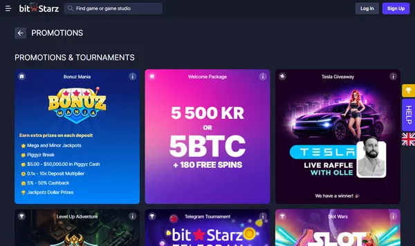 Kampanjesiden hos BitStarz med Bonuz Mania og velkomstpakken 5 500 kr eller 5 BTC + 180 free spins