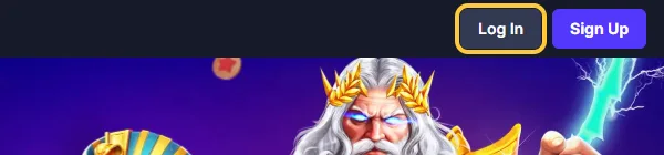 Knappen Log In øverst til høyre hos BitStarz, ved siden av den lilla Sign Up