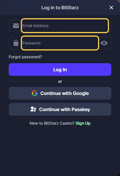 Innloggingsvinduet Log in to BitStarz med feltene Email Address og Password