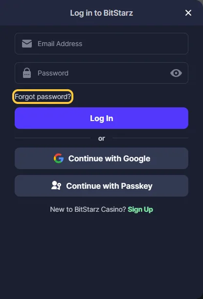 Lenken Forgot password i innloggingsvinduet hos BitStarz