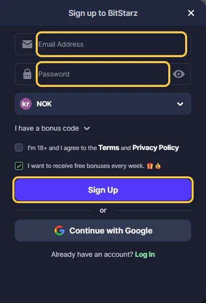 Registreringsvinduet Sign up to BitStarz med feltene Email Address og Password, valutaen NOK og knappen Sign Up