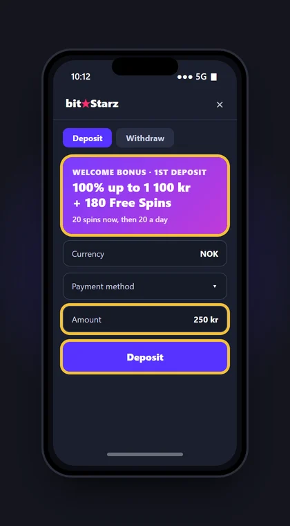 Illustrasjon av en mobil med kassen hos BitStarz der velkomstbonusen 100 % opptil 1 100 kr + 180 free spins vises over et innskudd på 250 kr