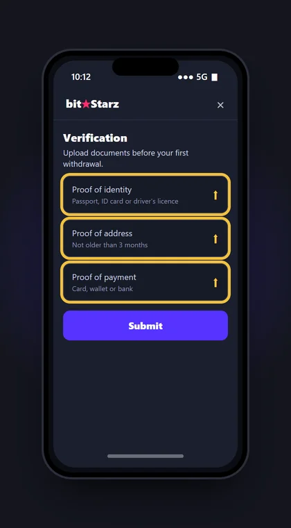 Illustrasjon av en mobil med verifiseringen hos BitStarz: ID, adressebevis og betalingsbevis