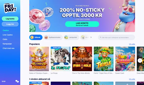 Casinolobbyen hos CasinoFriday med velkomstbonusen 200 % no-sticky opptil 3000 kr og spill som Gates of Olympus Super Scatter og Le Friyay