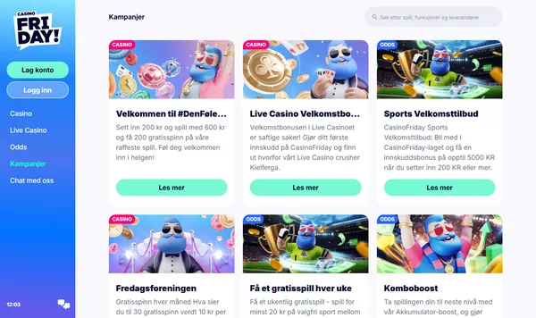 Kampanjesiden hos CasinoFriday med velkomsttilbud for casino, live casino og odds, Fredagsforeningen og Komboboost