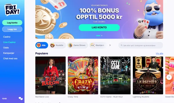 Live casino hos CasinoFriday med Red Baron Live, Crazy Time, CCTV Game og Lightning Roulette