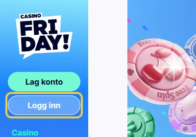 Knappen Logg inn under Lag konto i menyen til venstre hos CasinoFriday
