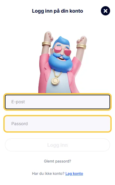Vinduet Logg inn på din konto hos CasinoFriday med feltene E-post og Passord