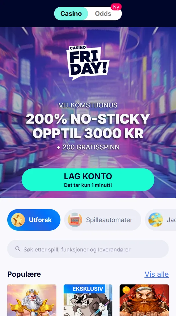 Forsiden til CasinoFriday på mobil med bryteren Casino og Odds og velkomstbonusen 200 % no-sticky