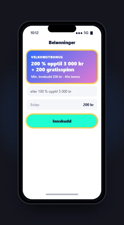 Illustrasjon av en mobil med Belønninger hos CasinoFriday der velkomstbonuskortet tar deg til innskudd på 200 kr