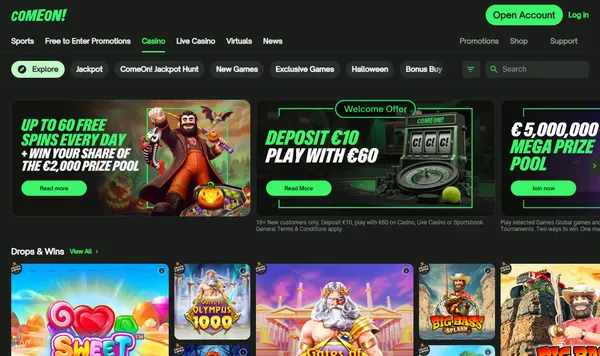 Casinolobbyen på comeon.com med fanene Jackpot, ComeOn! Jackpot Hunt og Bonus Buy