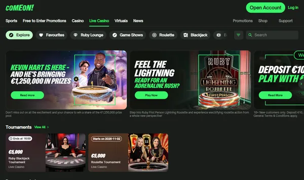 Live casino på comeon.com med fanene Ruby Lounge, Game Shows, Roulette og Blackjack