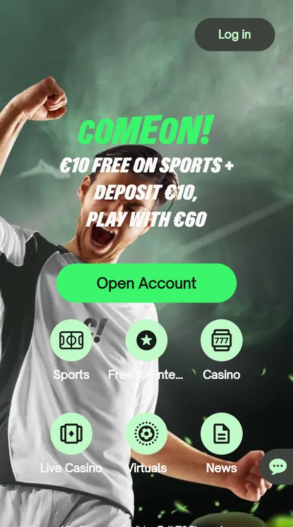 Forsiden til comeon.com på mobil med velkomsttilbudet og knappen Open Account