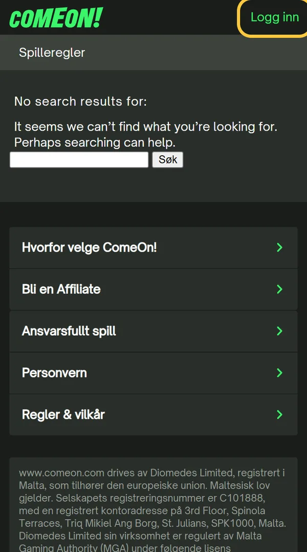 ComeOns hjelpeside på norsk på mobil med knappen Logg inn
