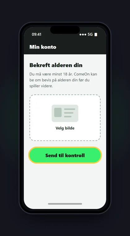 Illustrasjon av en mobil der ComeOn-kontoen ber deg bekrefte at du er over 18 år