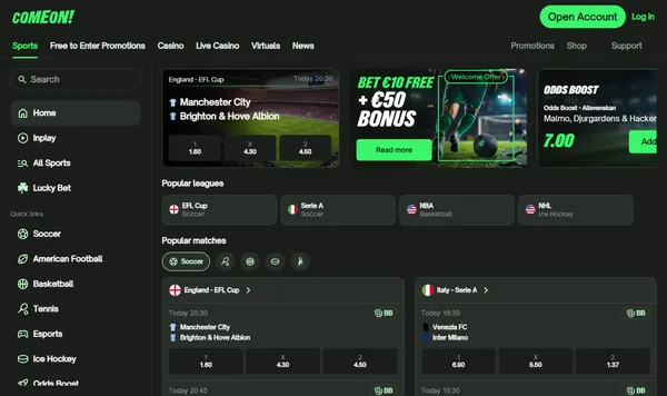 Sportsboken på comeon.com med Lucky Bet, populære ligaer og odds boost