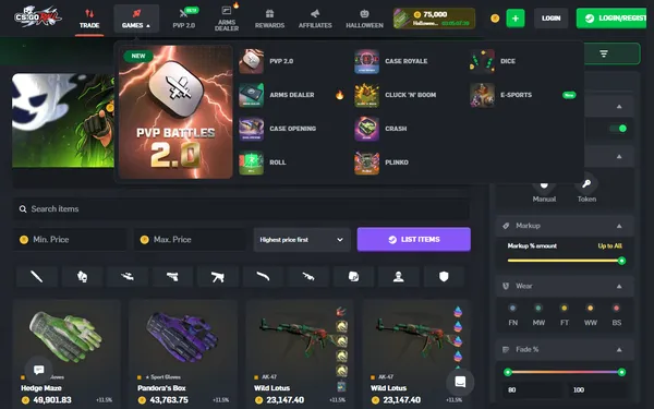 Spillmenyen med PVP 2.0, Arms Dealer, Case Opening, Roll, Case Royale, Crash, Plinko, Dice og E-Sports