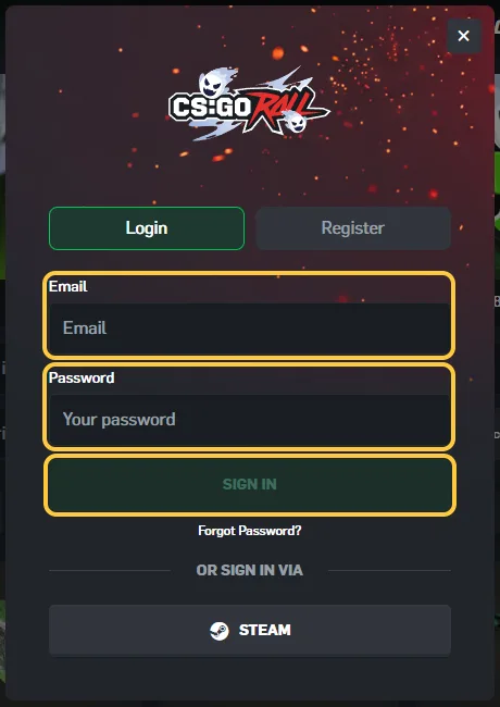 Innloggingsvinduet med feltene Email og Password og knappen SIGN IN