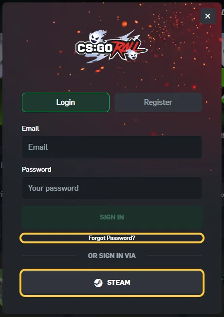 Lenken Forgot Password og knappen STEAM under OR SIGN IN VIA i innloggingsvinduet