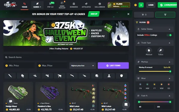 Skins-markedet med søkefelt, prisfilter, knappen List Items og hansker og AK-47-skins