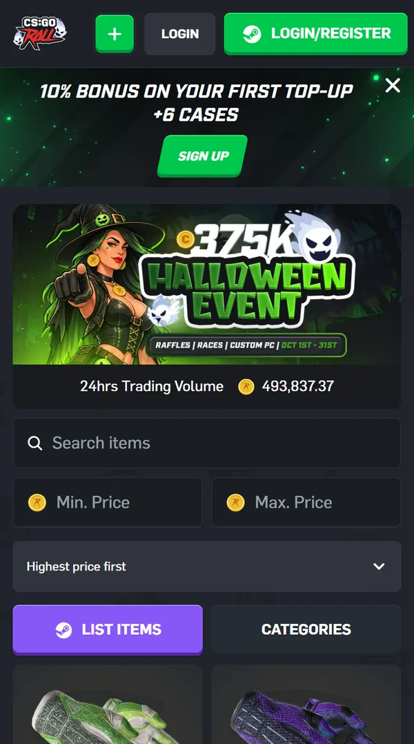 Forsiden på mobil med banneret 10% bonus on your first top-up +6 cases og skins-markedet