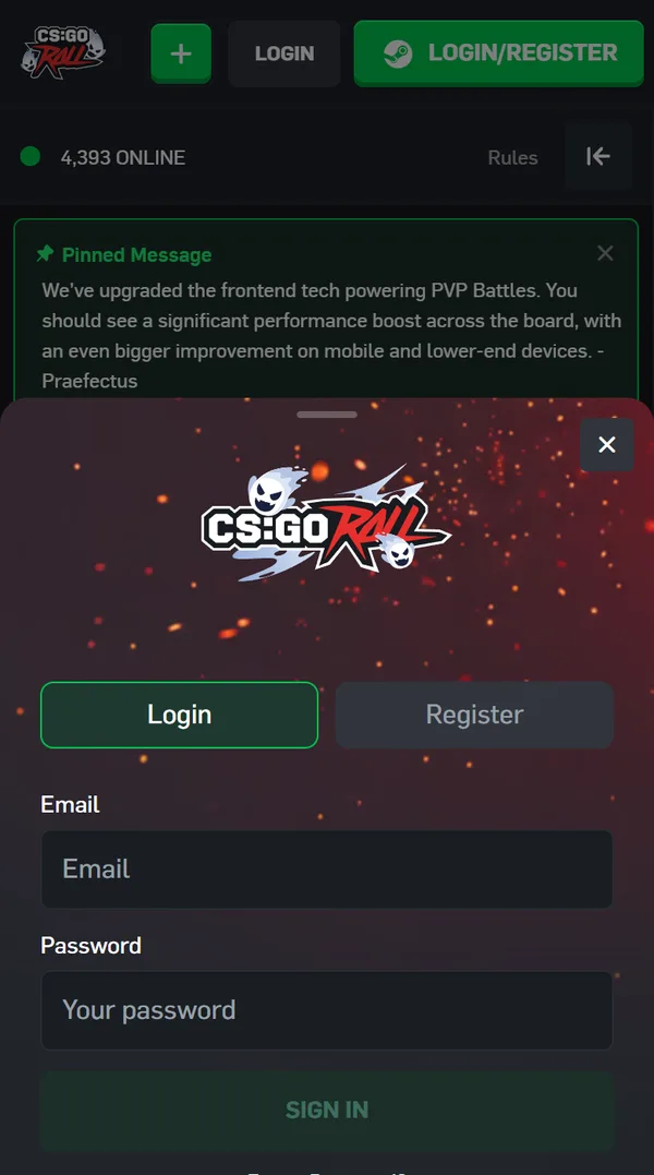 Innloggingen på mobil med fanene Login og Register og feltene Email og Password