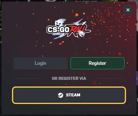 Fanen Register med knappen STEAM under OR REGISTER VIA
