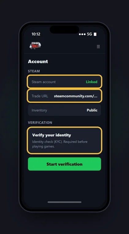 Illustrasjon av en mobil med kontosiden der Steam-kontoen er koblet, Trade URL er lagt inn og ID-sjekken startes