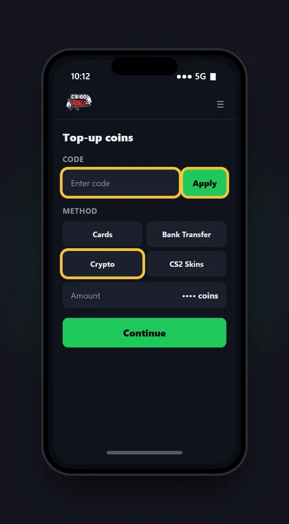 Illustrasjon av en mobil med top-up der koden skrives inn og Apply trykkes før metoden velges