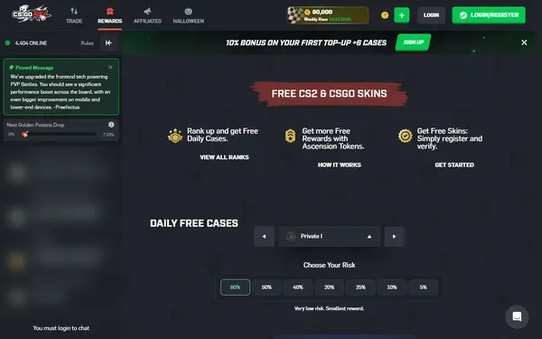 Rewards-siden med Daily Free Cases for rangen Private I og valg av risiko