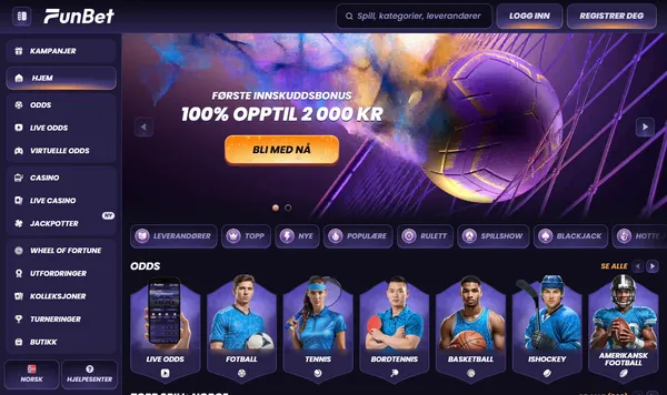 Forsiden til Funbet med banneret Første innskuddsbonus 100 % opptil 2 000 kr og kategoriene Leverandører, Topp, Nye, Populære og Rulett