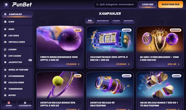 Kampanjesiden hos Funbet med første innskuddsbonus for odds, velkomstbonus 100 % opptil 5 000 kr + 200 GS og helge-reload 7 500 kr + 75 gratisspinn