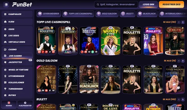 Live casino hos Funbet med radene Topp live casinospill og Gold Saloon med rulett-, blackjack- og baccaratbord