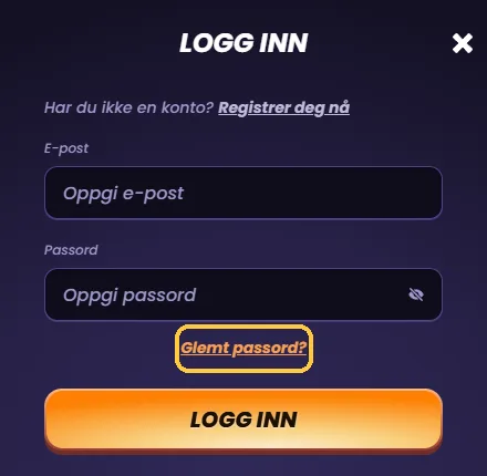 Lenken Glemt passord? markert under passordfeltet i innloggingsvinduet hos Funbet