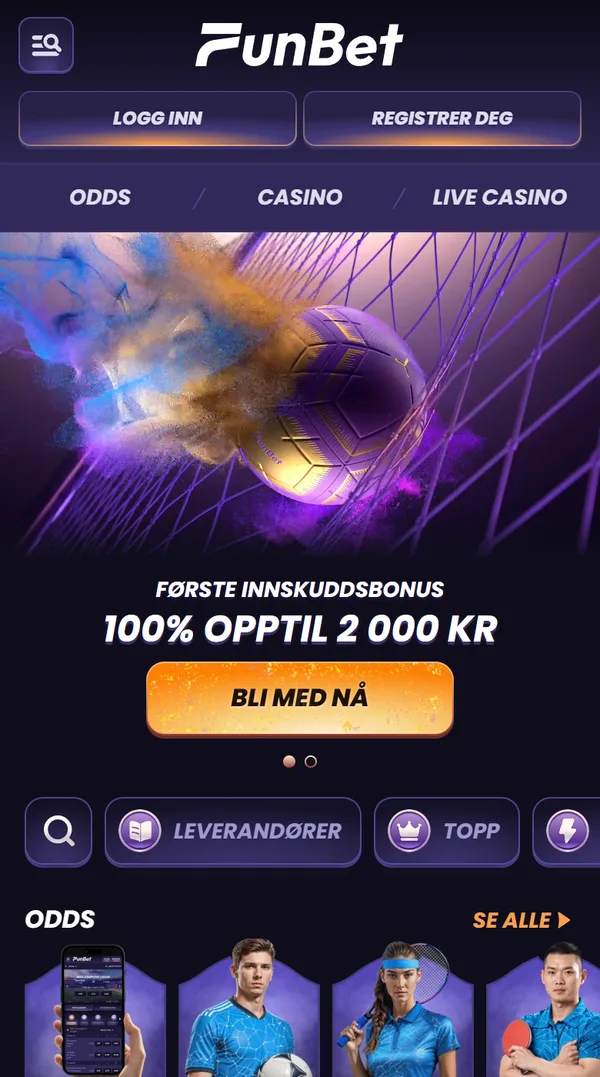 Funbet på mobil med knappene Logg inn og Registrer deg og fanene Odds, Casino og Live casino