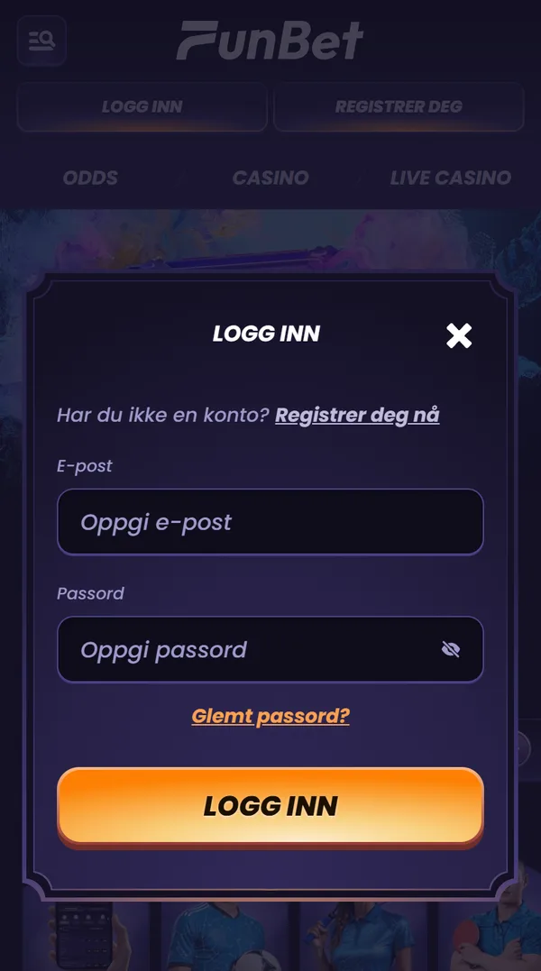 Innloggingsvinduet til Funbet på mobil med E-post, Passord og Glemt passord?