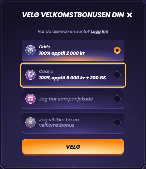 Bonusvalget i Funbets registrering med Odds, Casino, kampanjekode og ingen bonus, der Casino er markert
