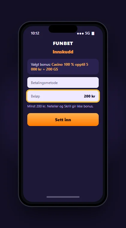 Illustrasjon av en mobil med første innskudd hos Funbet på 200 kr og casinobonusen valgt