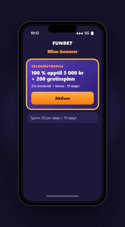 Illustrasjon av siden Mine bonuser på mobil, med Funbets velkomstbonus klar til aktivering
