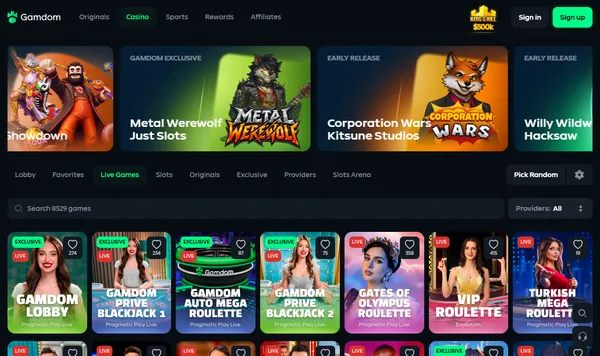 Live casino hos Gamdom med Gamdom Prive Blackjack og Gamdom Auto Mega Roulette