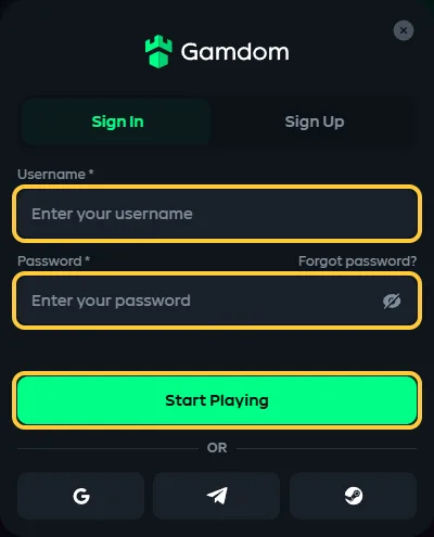 Innloggingsvinduet hos Gamdom med feltene Username og Password og knappen Start Playing