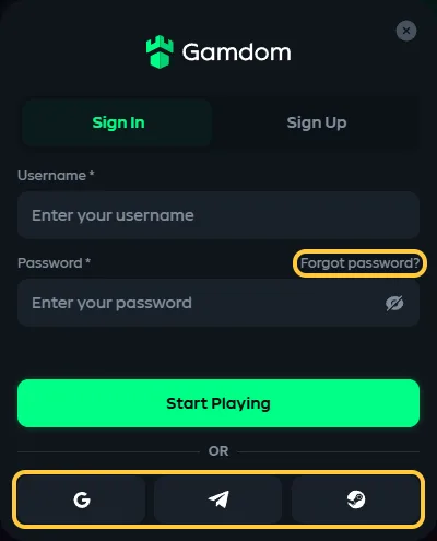 Lenken Forgot password og knappene for Google, Telegram og Steam i innloggingsvinduet hos Gamdom