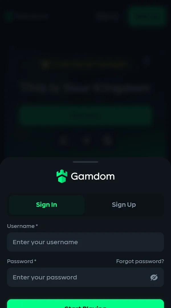Innloggingen hos Gamdom på mobil med fanene Sign In og Sign Up