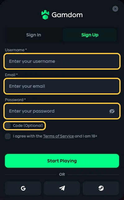 Fanen Sign Up hos Gamdom med feltene Username, Email og Password og avkrysningen Code (Optional)